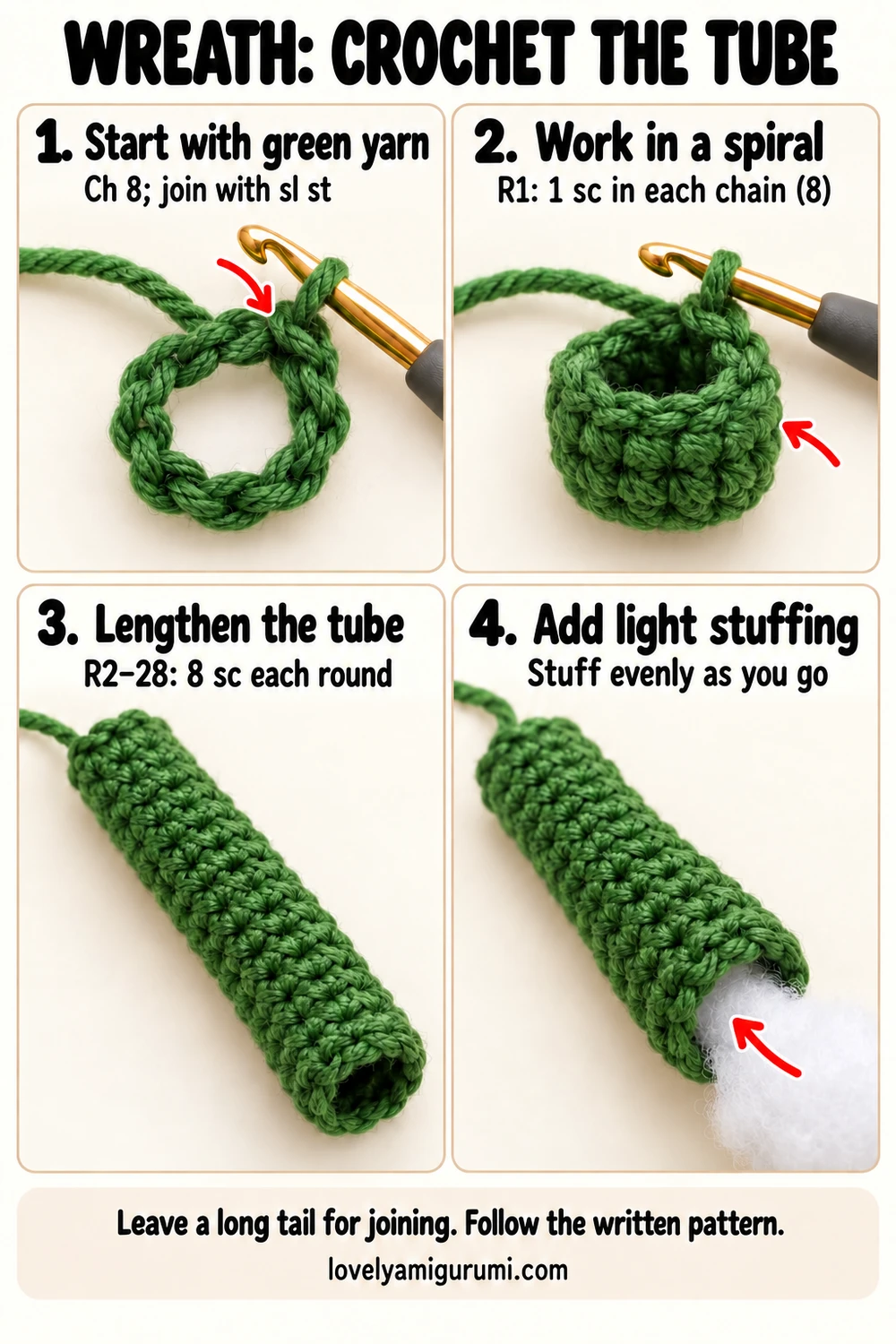 Christmas wreath crochet tutorial showing the foundation chain, eight-stitch green tube and stuffing