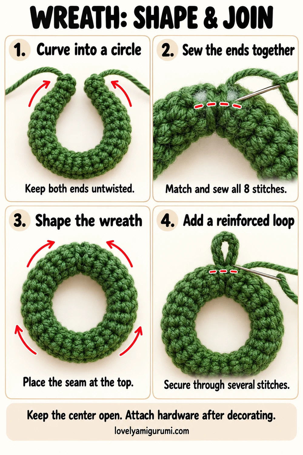 Christmas wreath crochet tutorial showing how to curve the tube, sew the join and reinforce a hanging loop