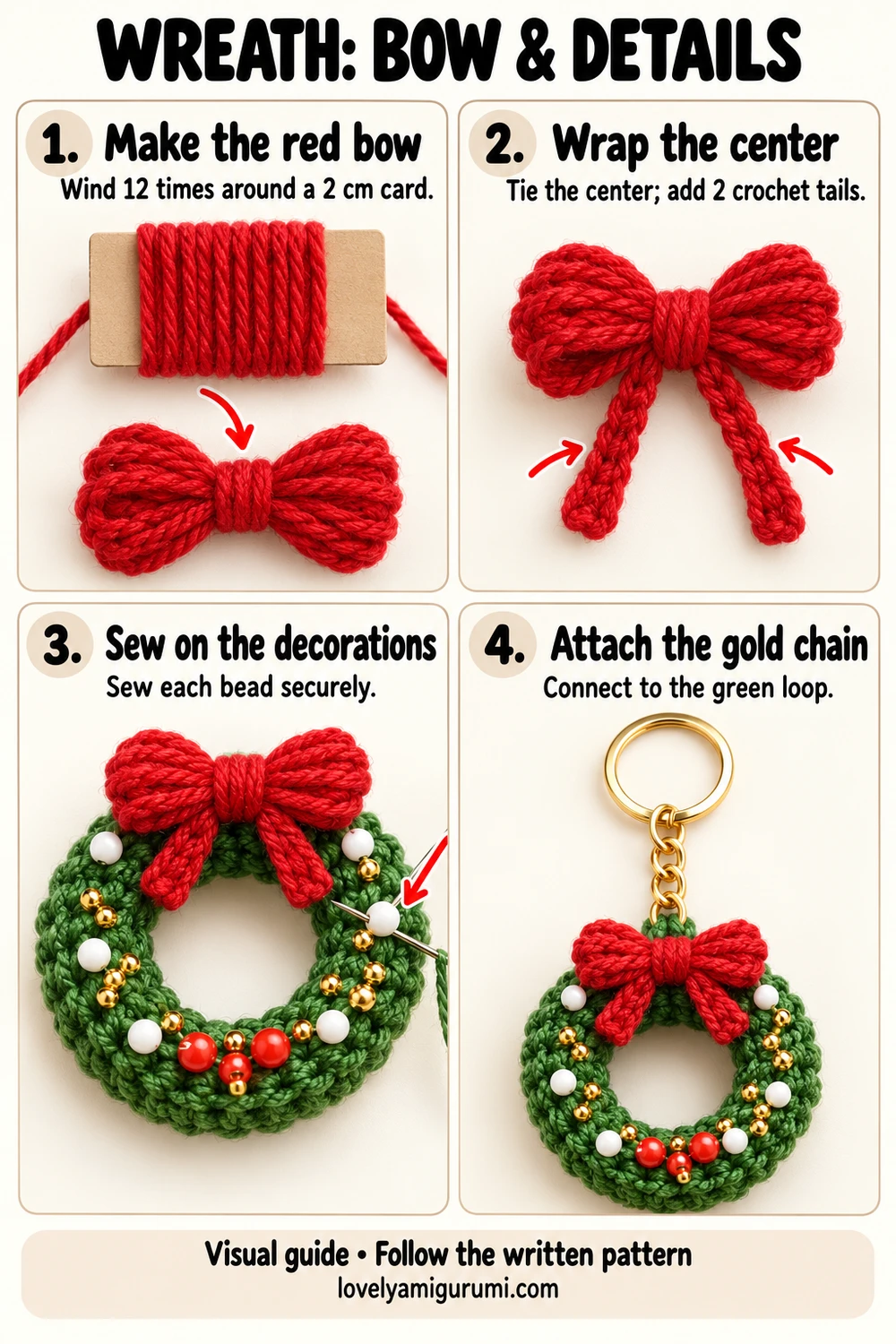 Christmas wreath tutorial showing a bundled red yarn bow, sewn beads and gold keychain assembly
