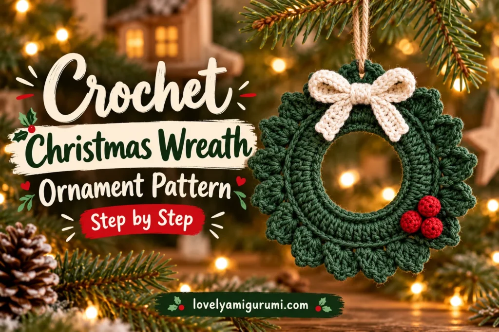 Christmas Wreath Ornament Crochet Pattern with forest green leaves, cream bow, and three red berries