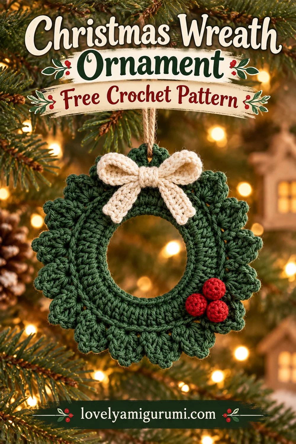 Christmas Wreath Ornament Crochet Pattern Pinterest image