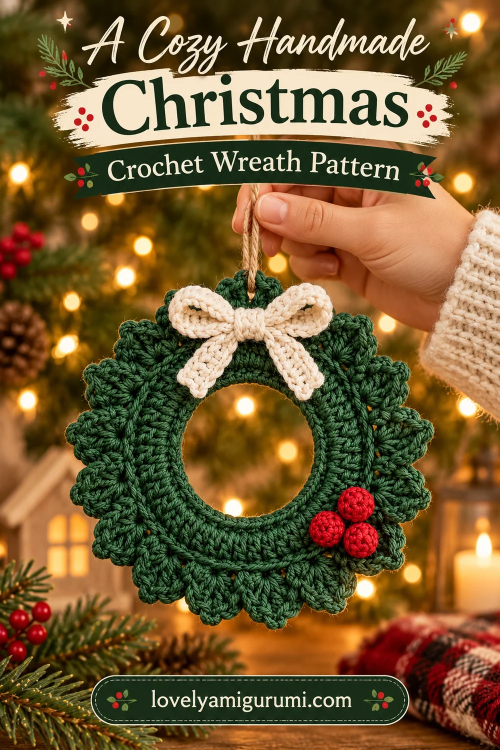 Forest green crochet Christmas wreath held by its jute hanging loop