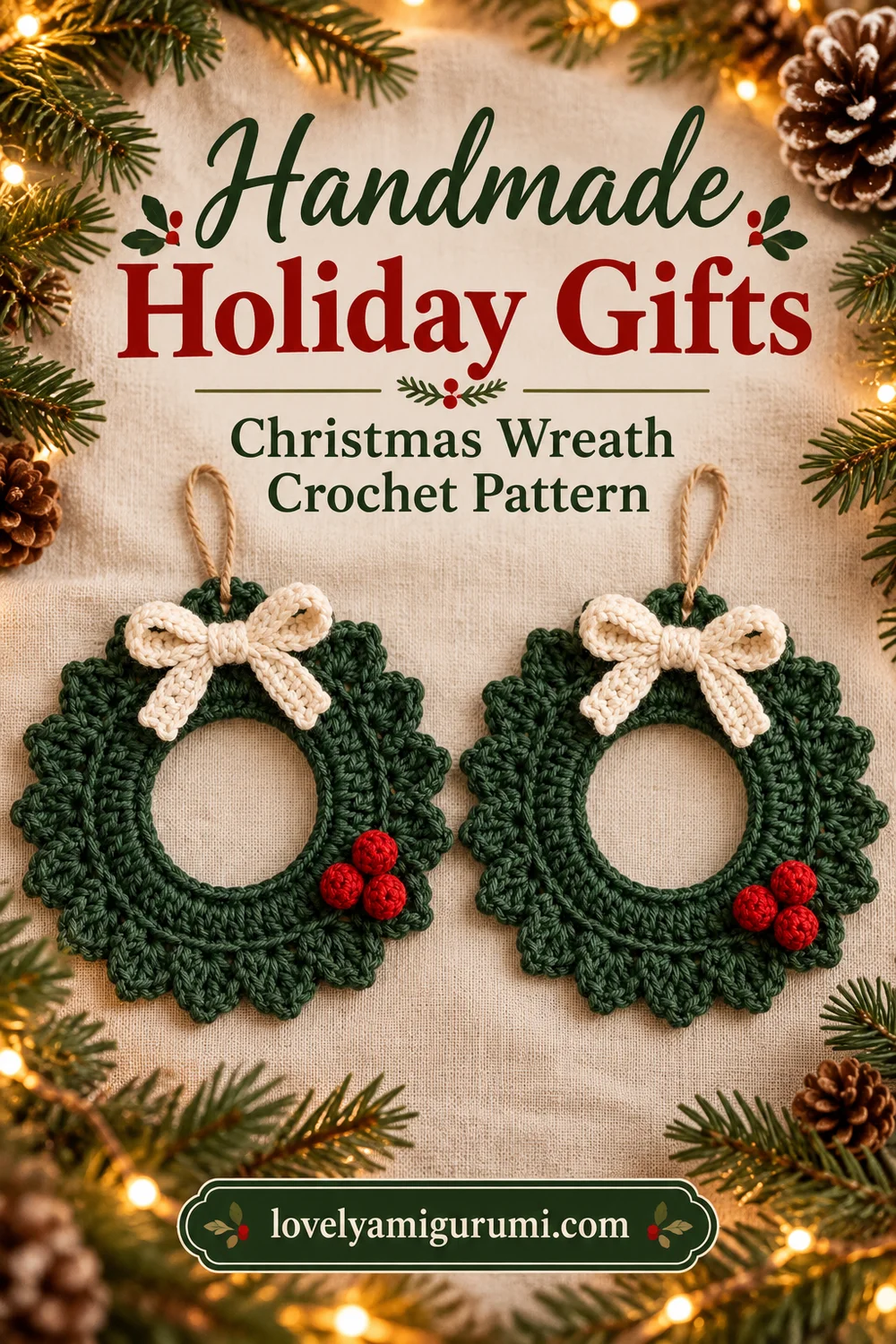 Two handmade Christmas wreath ornaments with cream bows and red berries