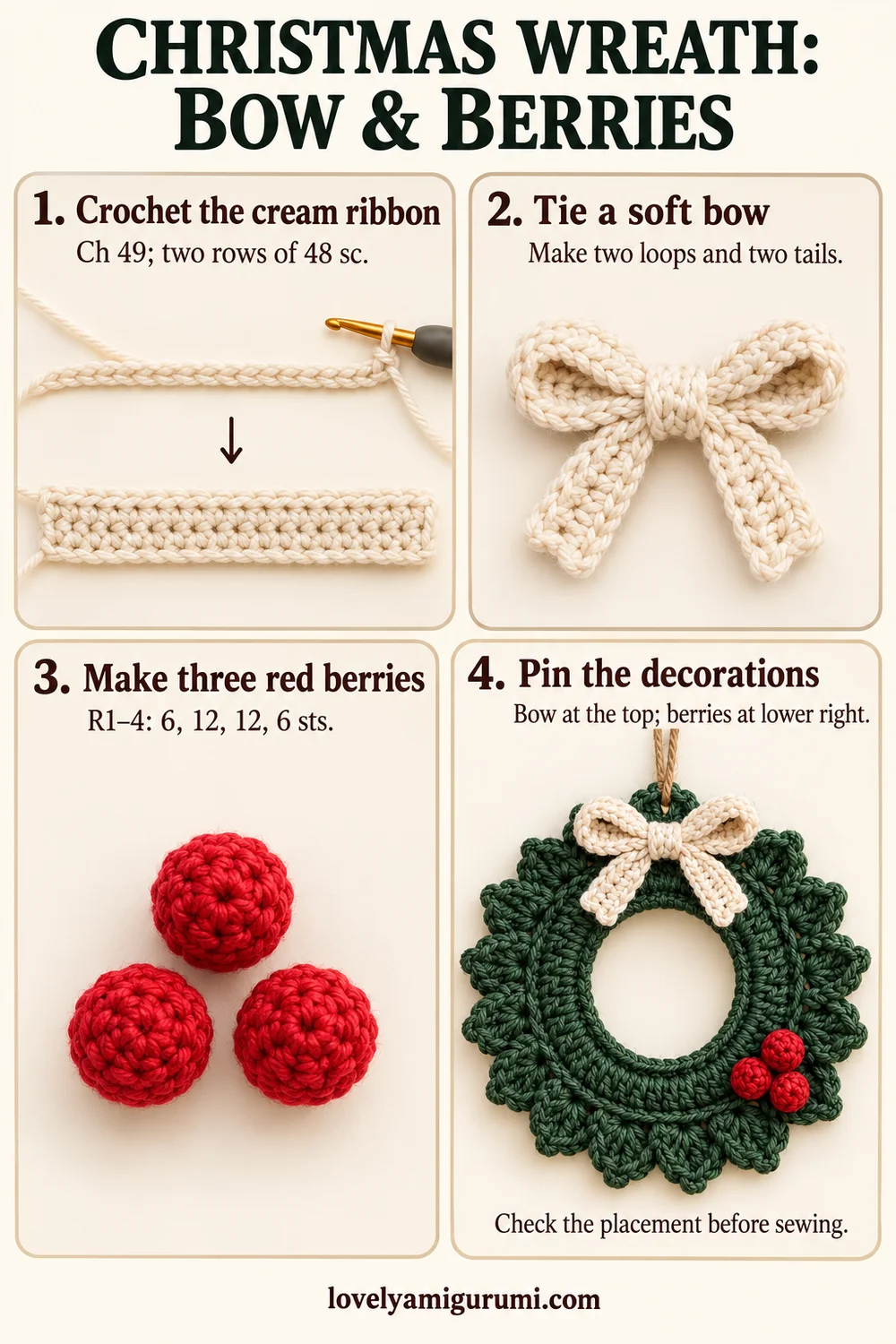 Christmas wreath crochet tutorial showing cream bow and three red berries