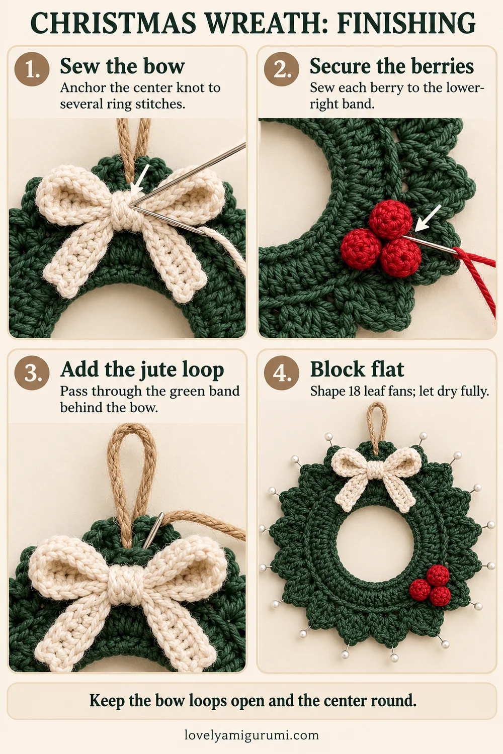 Christmas wreath crochet tutorial showing sewing, jute loop, and blocking