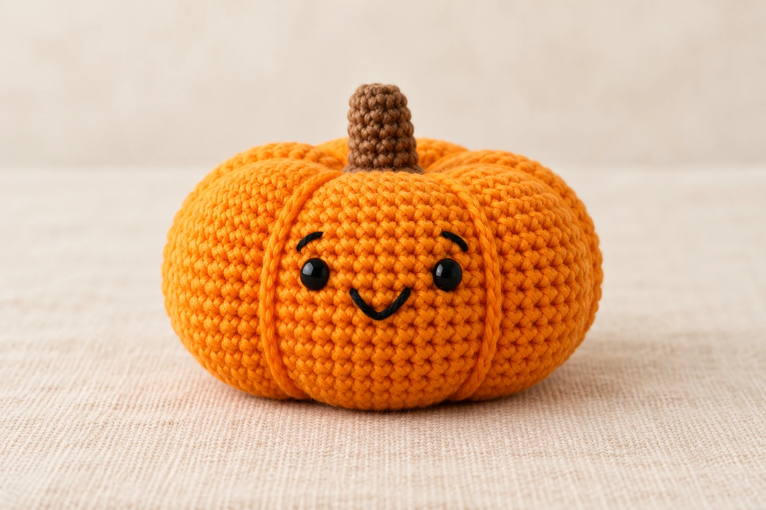 chunky amigurumi pumpkin with orange shaped sections and brown stem