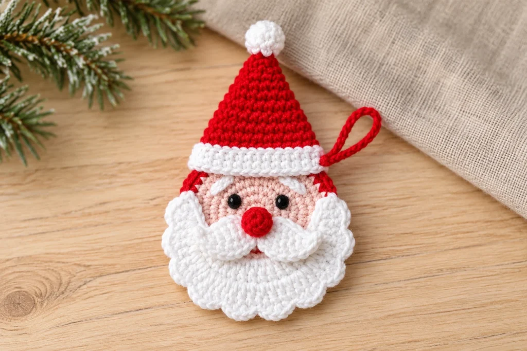 crochet Christmas ornaments Santa Claus with a red hat, white beard and red nose