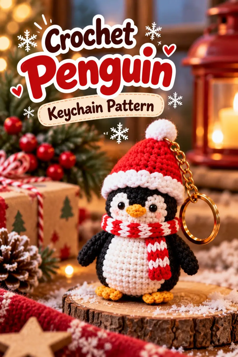 Crochet penguin with white face patches, yellow beak and festive accessories