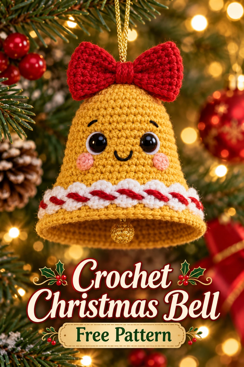 Cute Golden Christmas Bell Crochet Pattern — Pinterest golden Christmas bell hanging from greenery