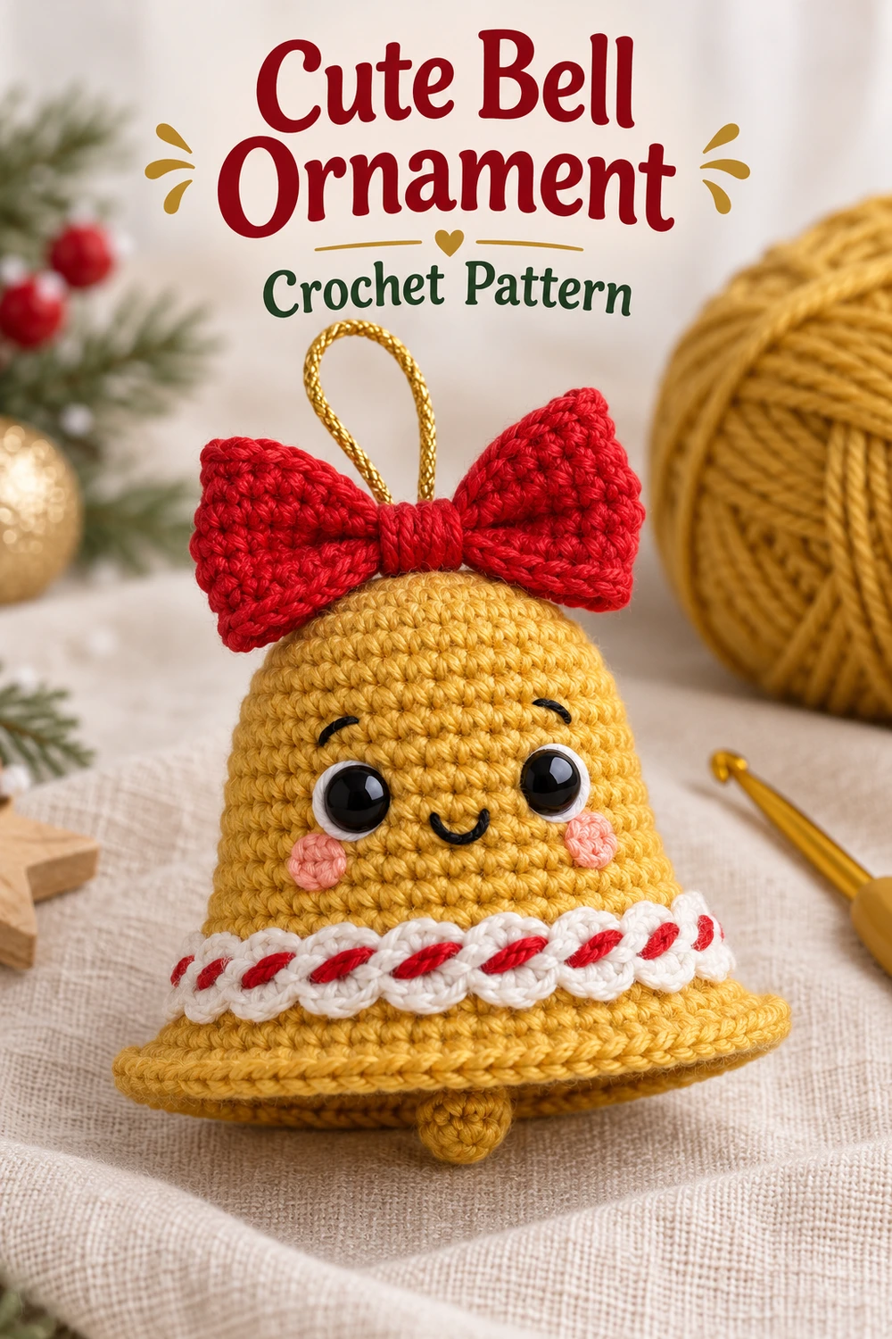 Cute Golden Christmas Bell Crochet Pattern — Pinterest cute golden bell with red bow on linen