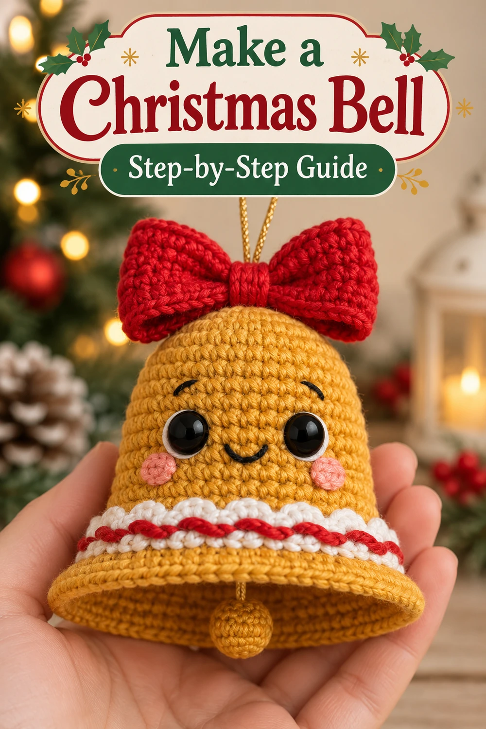 Cute Golden Christmas Bell Crochet Pattern — Pinterest handmade smiling Christmas bell held in a hand