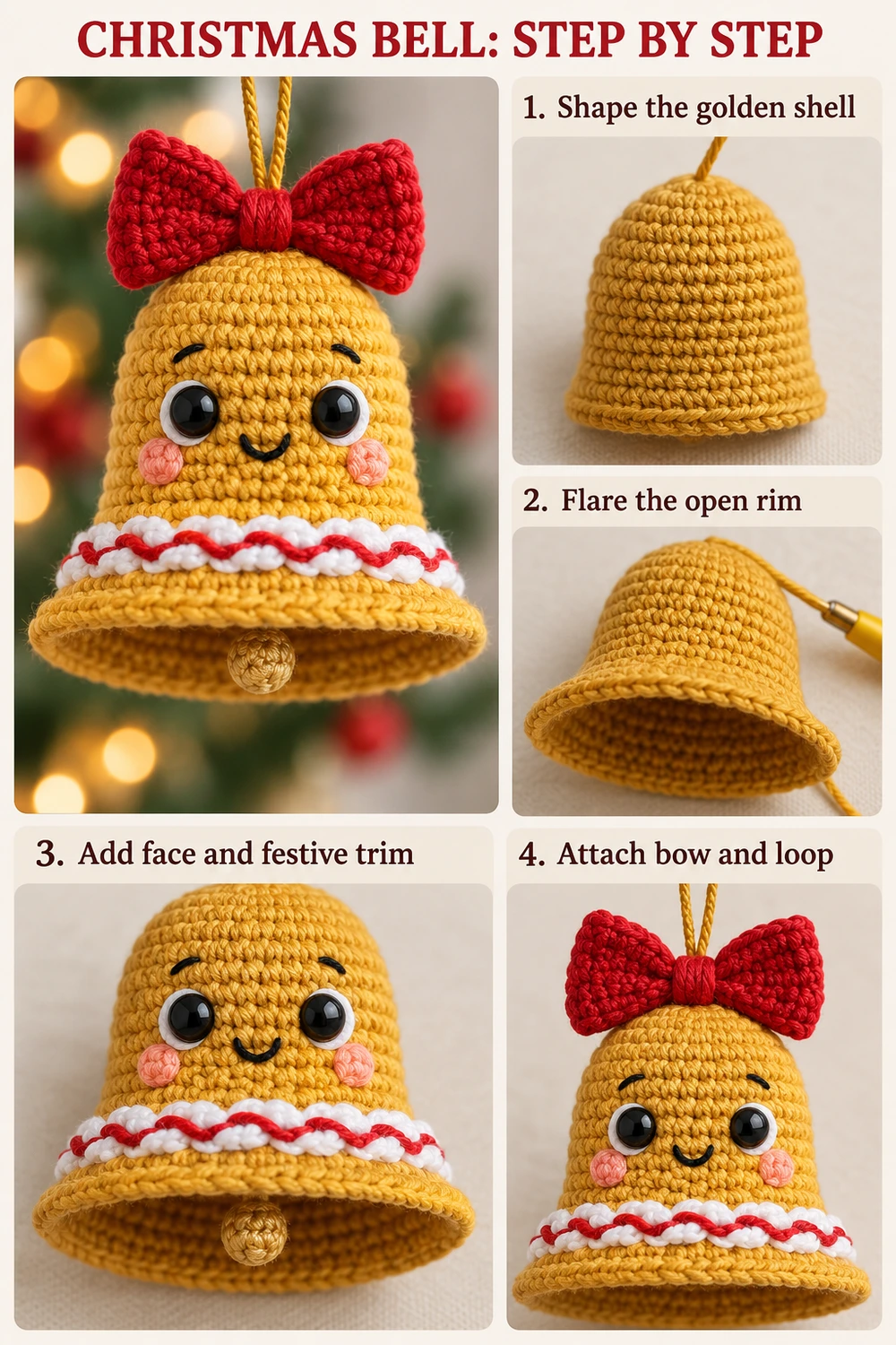 Cute Golden Christmas Bell Crochet Pattern — photo tutorial for hollow golden shell, flared rim, face, trim and bow