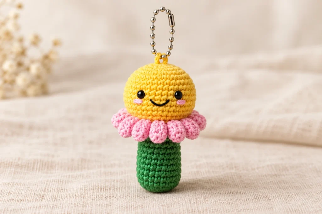 daisy flower keychain crochet pattern with yellow center, pink petals and green stem