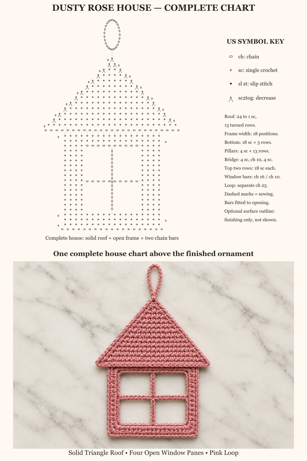 Dusty Rose House Ornament Crochet Pattern — complete house stitch chart above finished ornament on ivory marble
