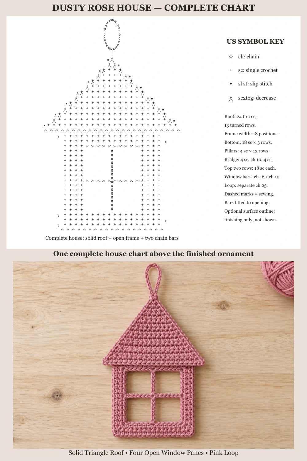 Dusty Rose House Ornament Crochet Pattern — complete house stitch chart above finished ornament on pale wood