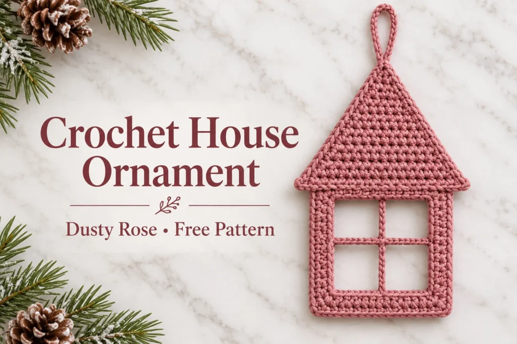 Dusty Rose House Ornament Crochet Pattern — cover with solid pink roof and four open window panes