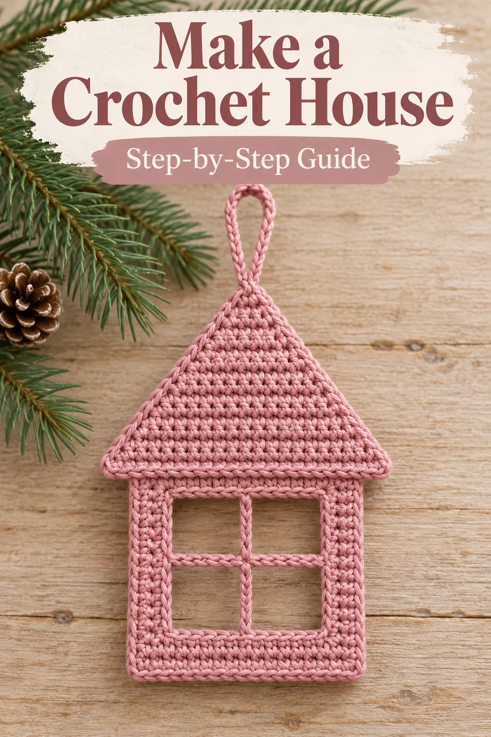 Dusty Rose House Ornament Crochet Pattern — Pinterest crochet house on pale wood