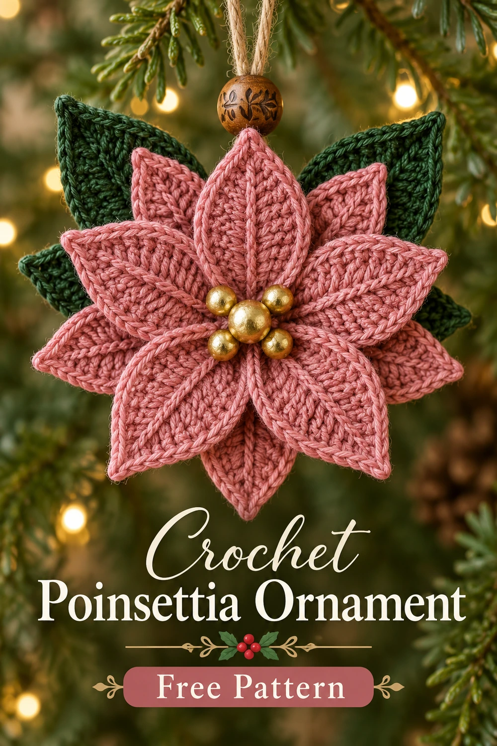 Dusty Rose Poinsettia Crochet Pattern — Pinterest pink poinsettia ornament hanging from pine