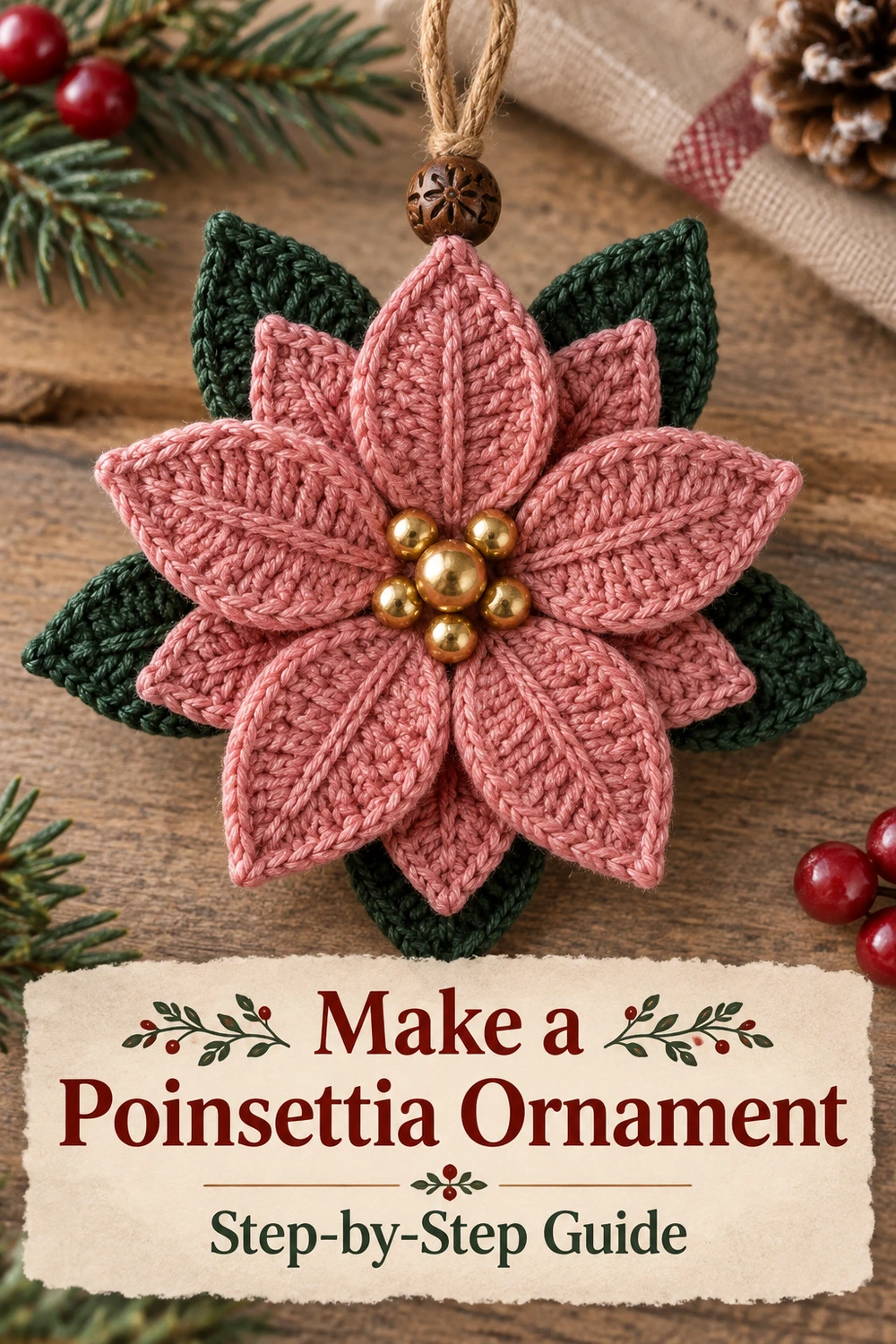 Dusty Rose Poinsettia Crochet Pattern — Pinterest layered poinsettia with gold beads on rustic table