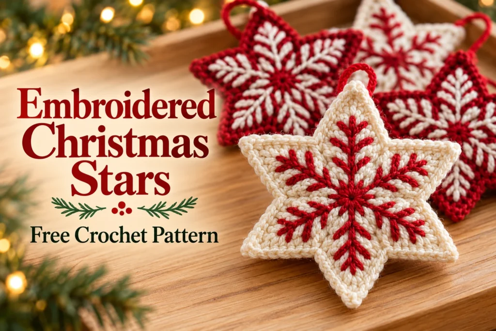 Embroidered Christmas Star Crochet Pattern cover with red and cream six-point stars