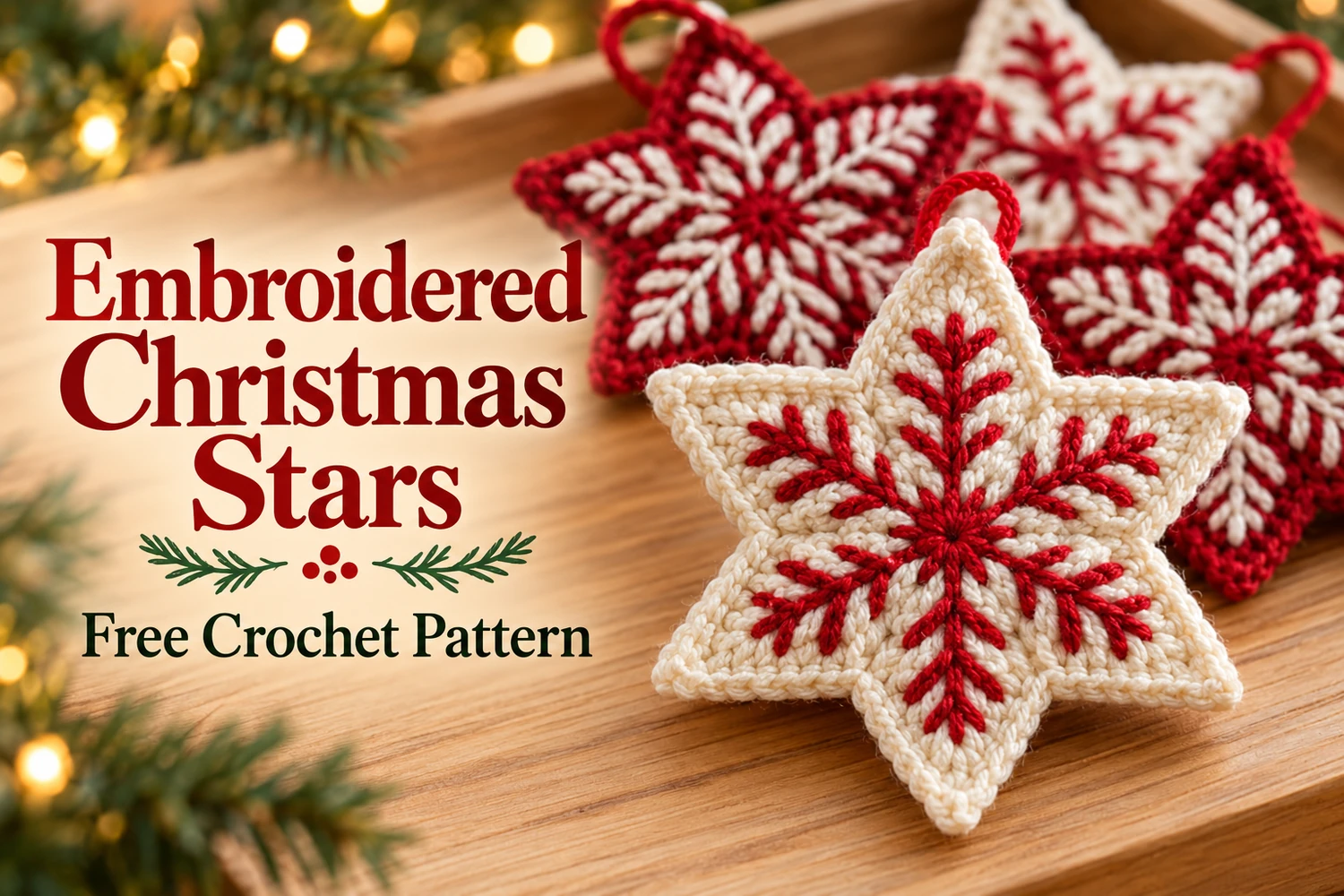 Embroidered Christmas Star Crochet Pattern cover with red and cream six-point stars