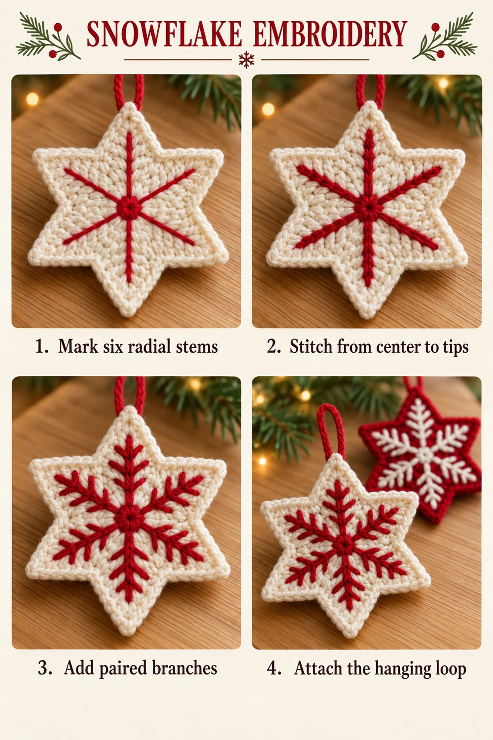 Photo tutorial for six radial embroidery stems, paired snowflake branches and hanging loop