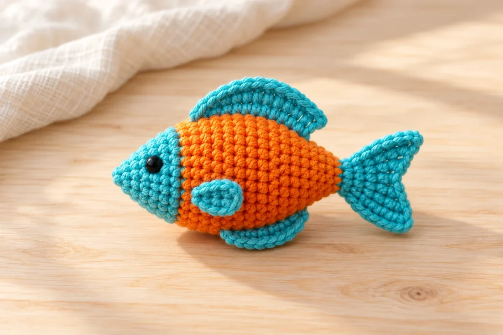 Fish Amigurumi Crochet Pattern with a turquoise head and fins and an orange body