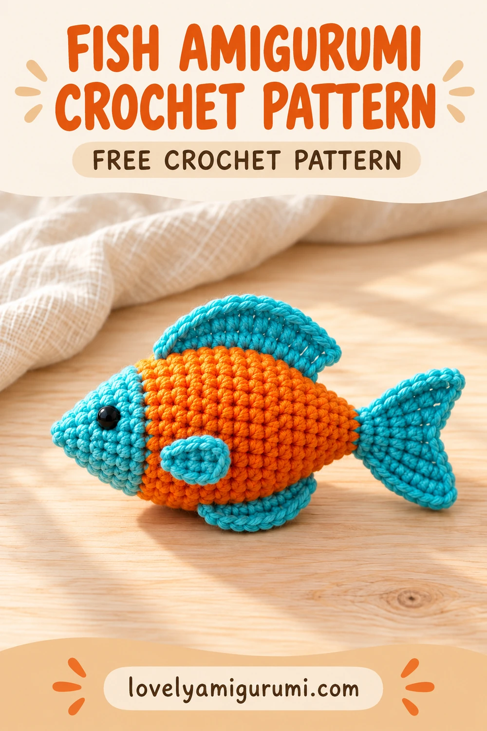 Fish Amigurumi Crochet Pattern with a turquoise head and fins and an orange body Pinterest pin 2