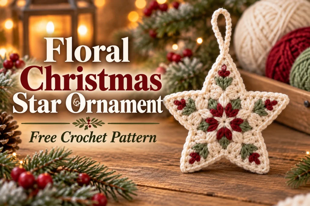Floral Christmas Star Ornament Crochet Pattern in cream burgundy and sage green