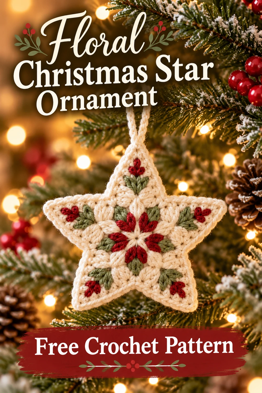 Floral Christmas Star Ornament free crochet pattern Pinterest image