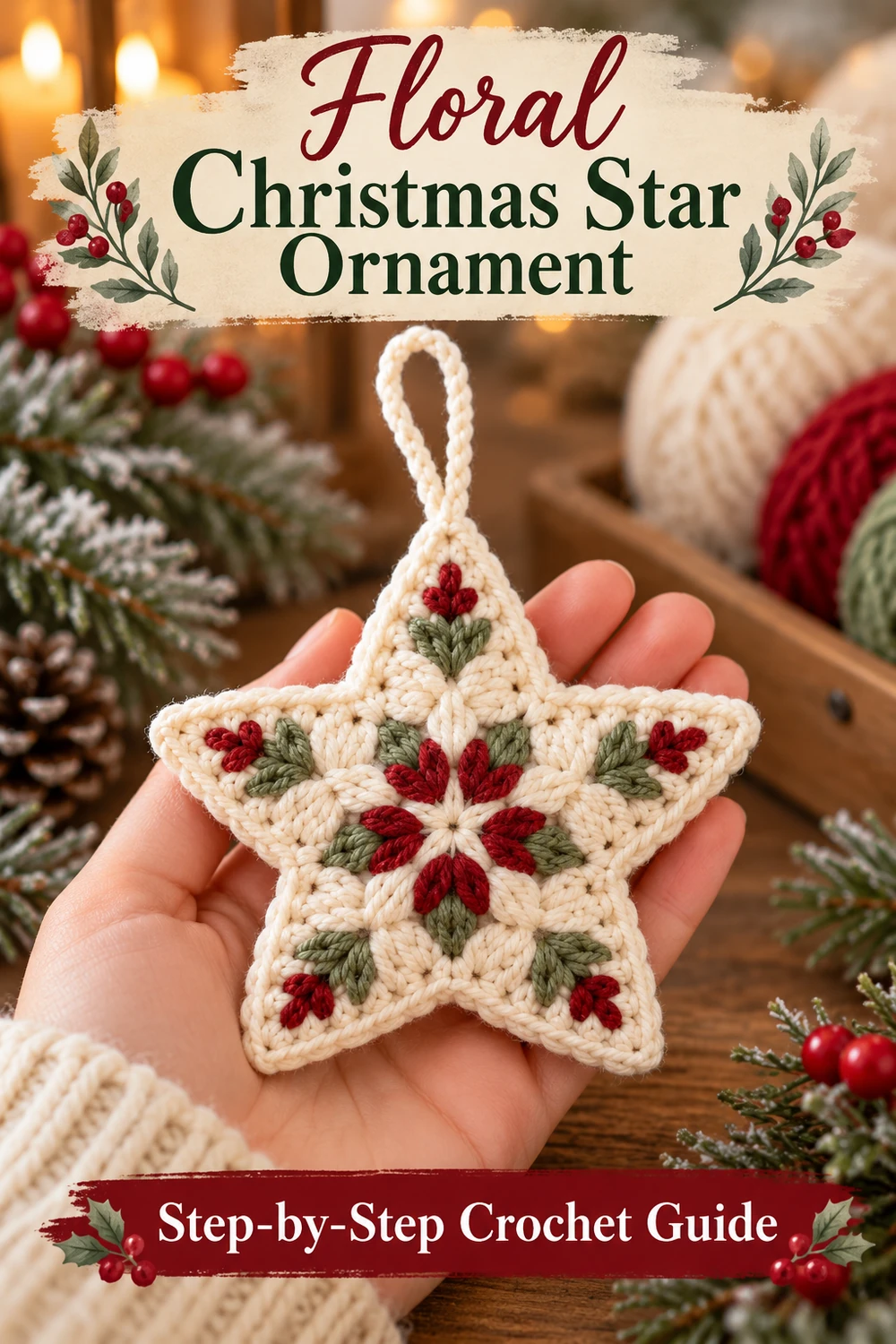 Cream floral crochet star with red and green embroidery held in a hand