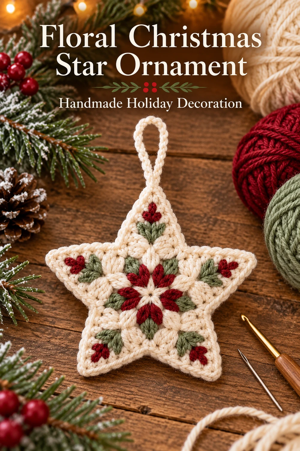 Floral crochet Christmas star with cream burgundy and sage yarn