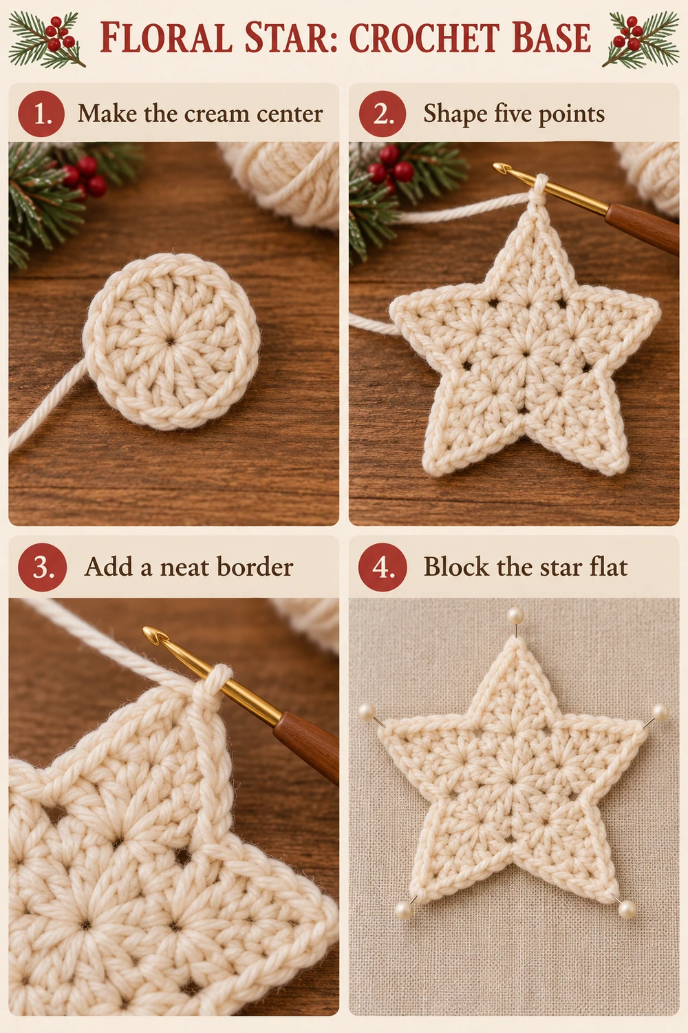 Floral star crochet base photo tutorial showing center, five points, border, and blocking