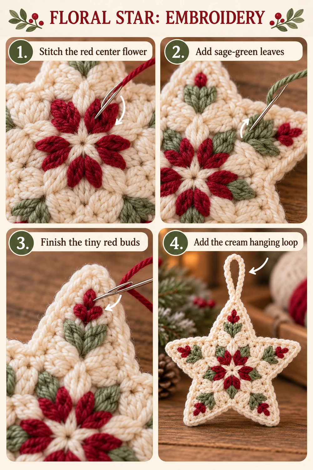 Floral star embroidery tutorial showing red petals, green leaves, buds, and hanging loop