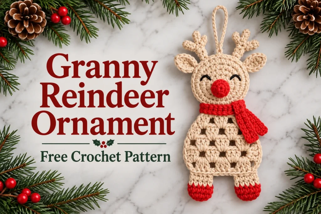 Granny Reindeer Ornament Crochet Pattern cover with beige body and red scarf