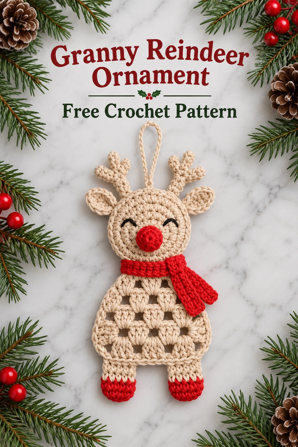 Granny Reindeer Ornament Crochet Pattern Pinterest image one