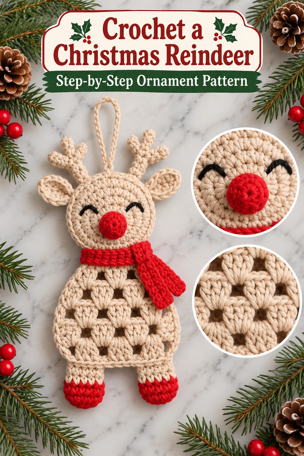 Granny Reindeer Ornament Crochet Pattern Pinterest image two