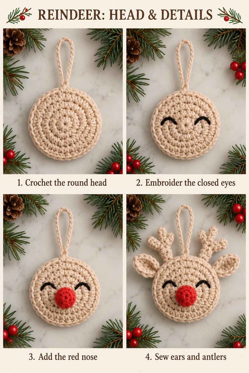 Reindeer head, embroidered closed eyes, red nose, ears and antlers photo tutorial