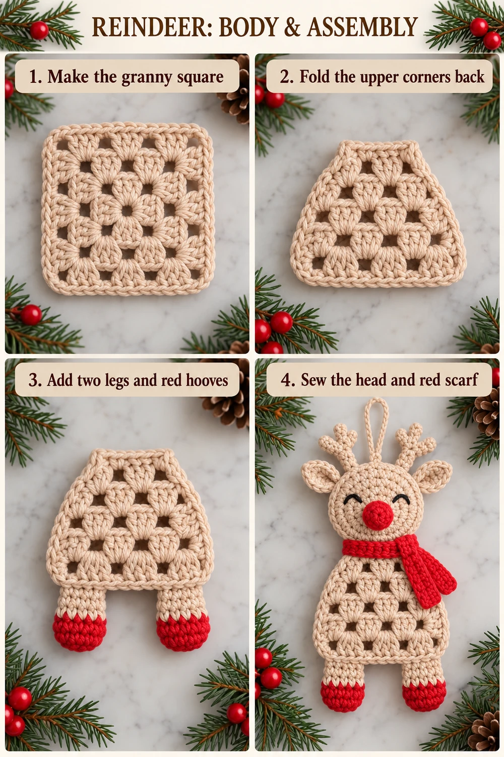 Granny body, folded upper corners, legs and red scarf assembly photo tutorial