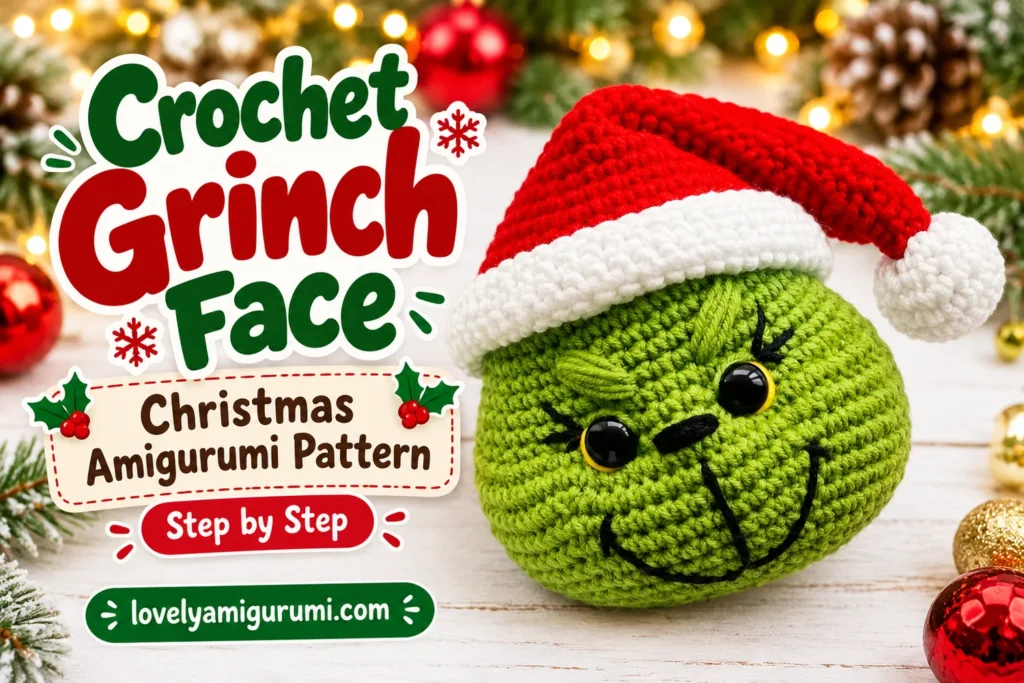Grinch Face Crochet Pattern with green oval head, raised eyebrows, stitched smirk and floppy Santa hat