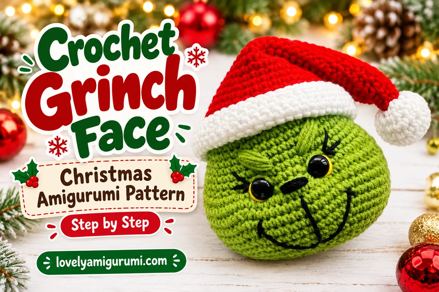 Grinch Face Crochet Pattern with green oval head, raised eyebrows, stitched smirk and floppy Santa hat