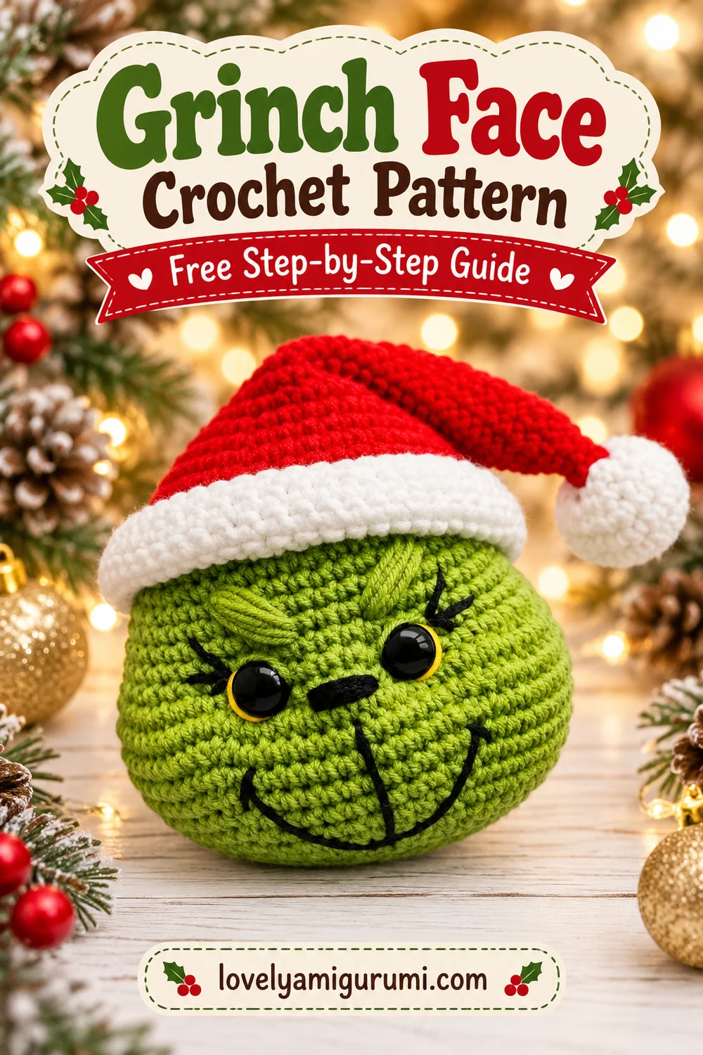 Green Christmas face amigurumi with embroidered smirk and red Santa hat, free crochet pattern