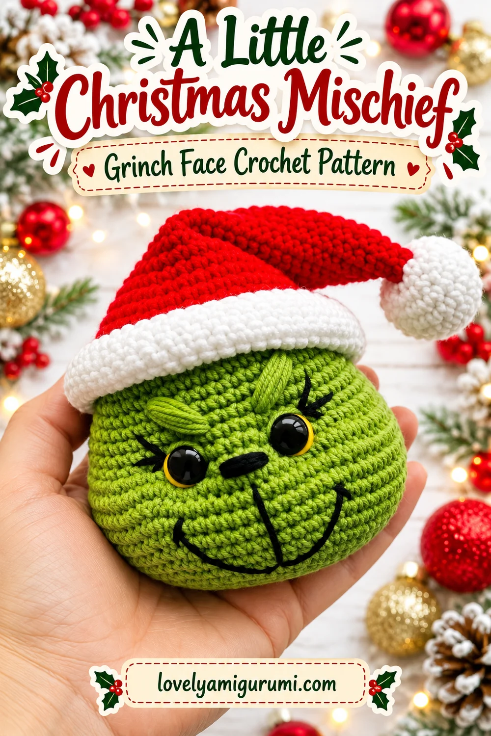 Grinch-inspired green crochet head held in a palm with floppy red and white hat
