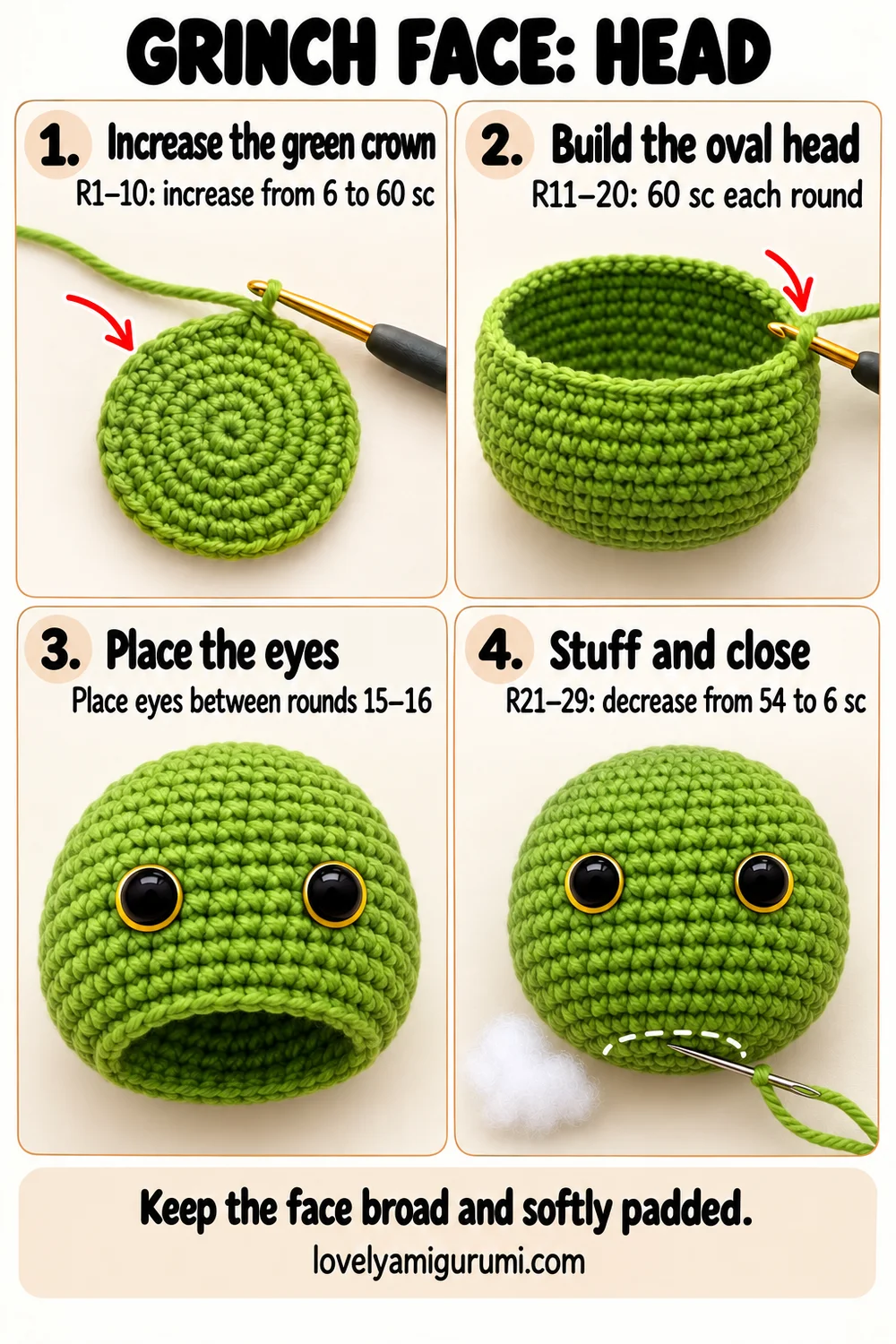 Green Christmas face crochet tutorial showing head increases, eye placement, stuffing and underside closure