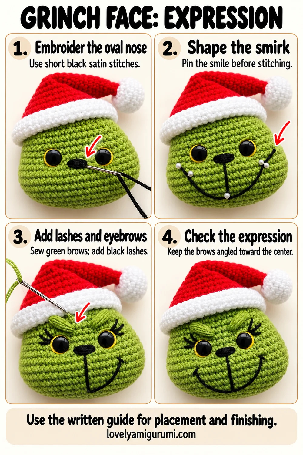 Grinch-inspired face embroidery tutorial showing black nose, smirk, lashes and raised green brows