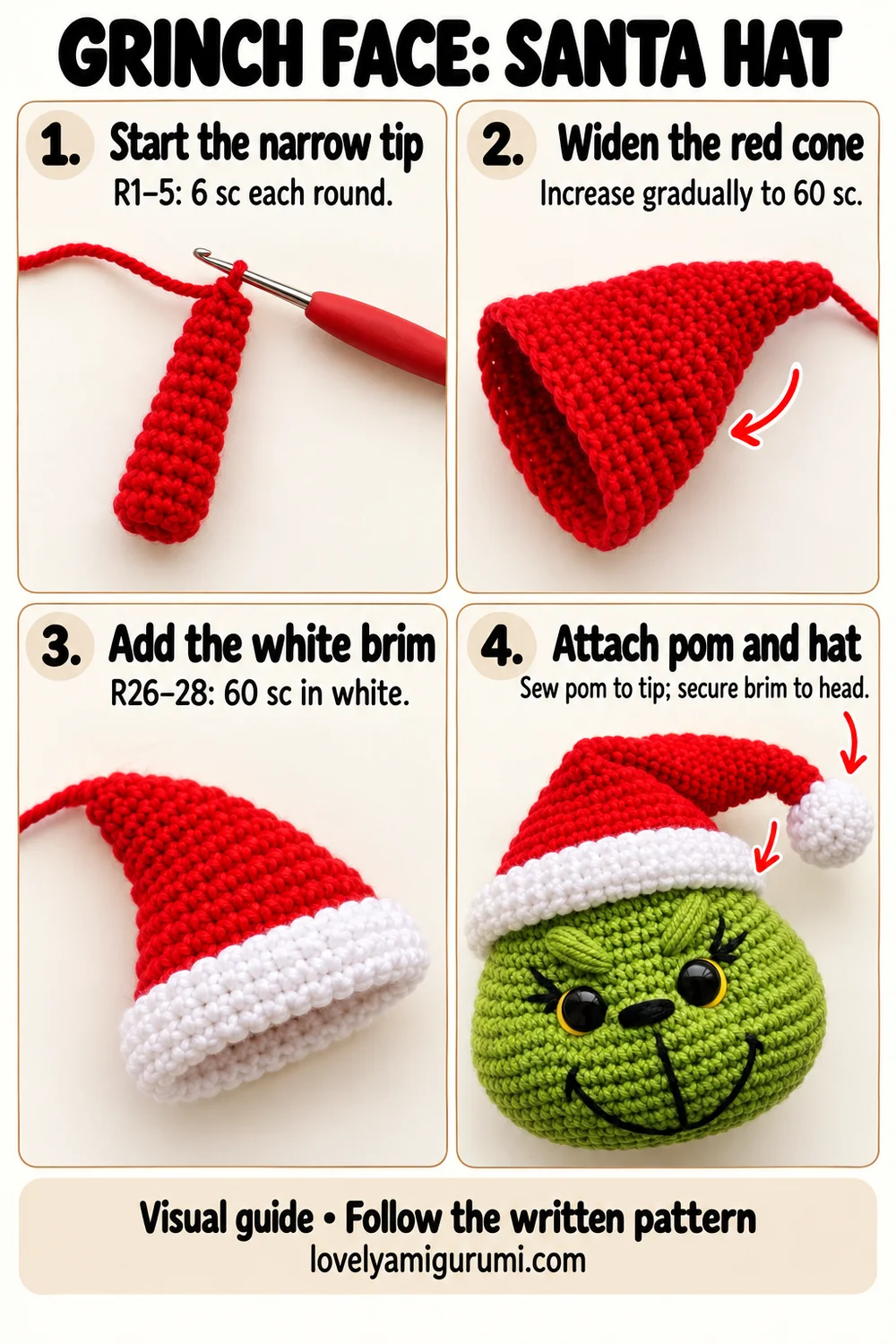 Santa hat crochet tutorial showing narrow tip, red cone, white brim and sewn pom-pom