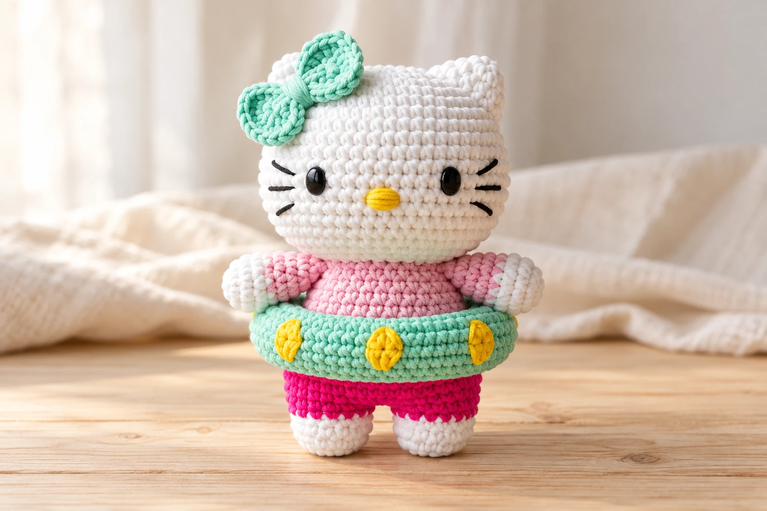 Hello Kitty amigurumi pattern with a pink outfit, mint bow and yellow spotted swimming ring