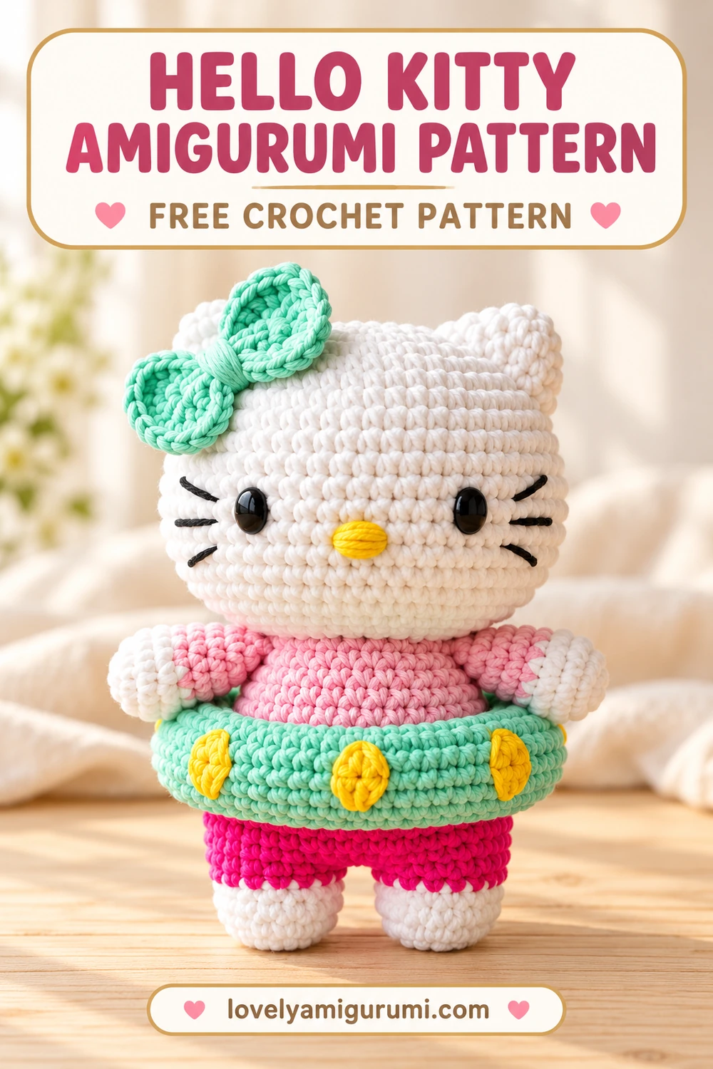 Hello Kitty amigurumi pattern with a pink outfit, mint bow and yellow spotted swimming ring Pinterest pin 1