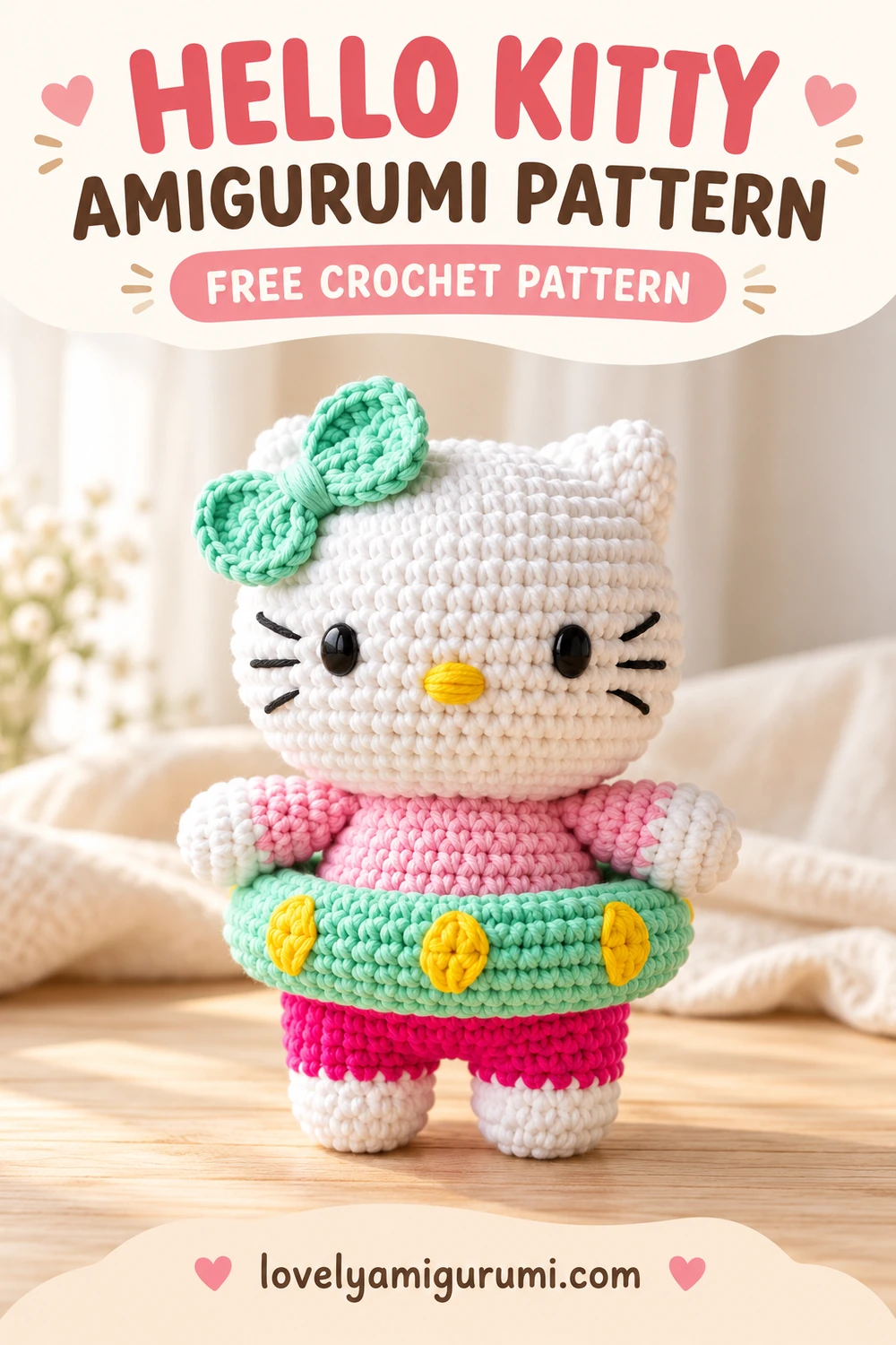 Hello Kitty amigurumi pattern with a pink outfit, mint bow and yellow spotted swimming ring Pinterest pin 2
