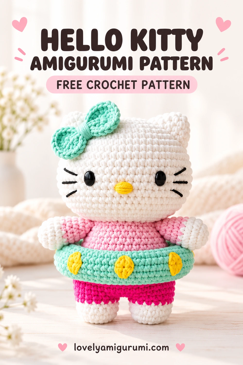 Hello Kitty amigurumi pattern with a pink outfit, mint bow and yellow spotted swimming ring Pinterest pin 3